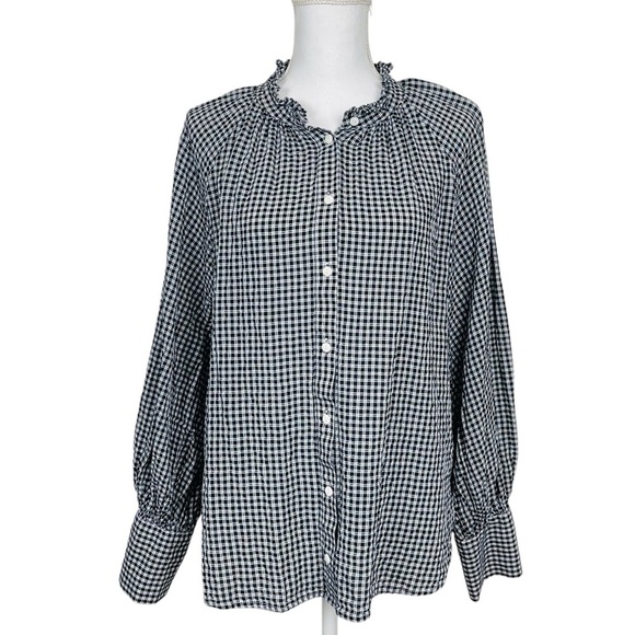 J.Crew Ruffleneck Button-up Shirt in Black and White Plaid Soft Gauze Size 14 - Picture 9 of 12